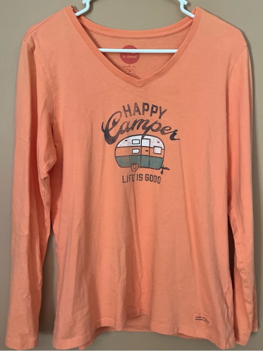 Life Is Good womens ‘ Happy Camper' Long Sleeve V-Neck Tee - creamsicle orange